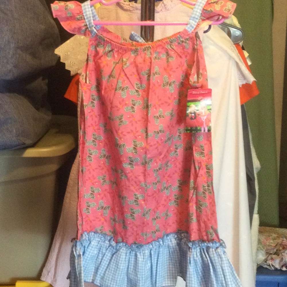 Girls Pink Butterfly Print Dress with Blue Gingham Ruffle